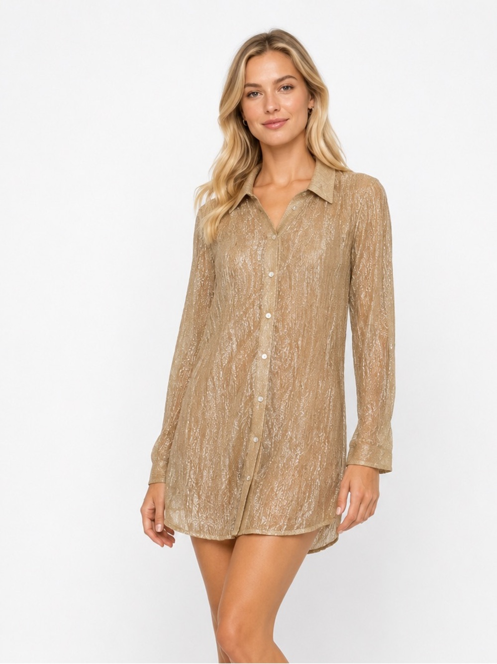 Good American Gold Metallic Ruched Sheer Button Up mini dress Size 3 Large Women